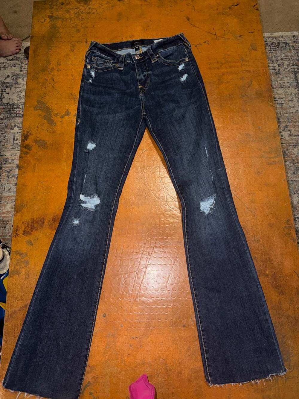 True Religion Becca Mid Rise Bootcut Jeans Size 28 Distressed Blue Denim